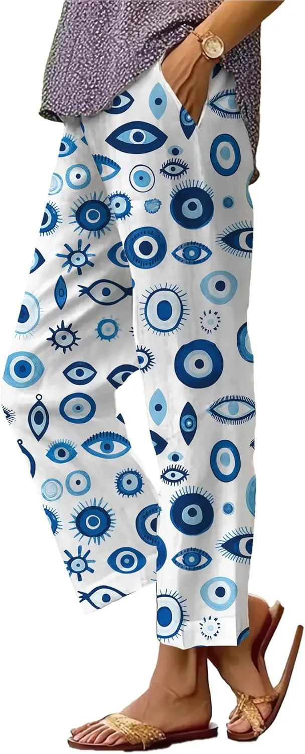 Trendy Pants for Women 2025 Plus Size Lightweight Elastic Waist Breathable Casual Beach Trousers with Pocket