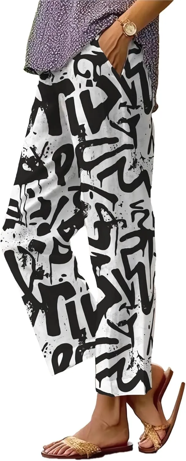 Trendy Pants for Women 2025 Yoga Pants Lightweight Elastic Waist Breathable Casual Beach Trousers with Pocket