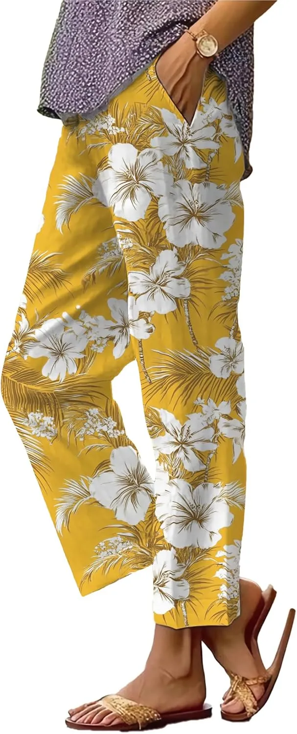 Trendy Pants for Women 2025 Yoga Pants Lightweight Elastic Waist Breathable Casual Beach Trousers with Pocket