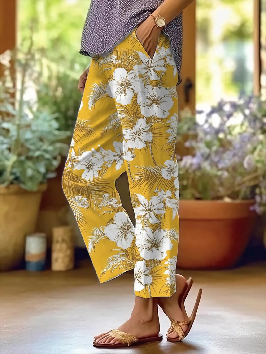 Trendy Pants for Women 2025 Yoga Pants Lightweight Elastic Waist Breathable Casual Beach Trousers with Pocket