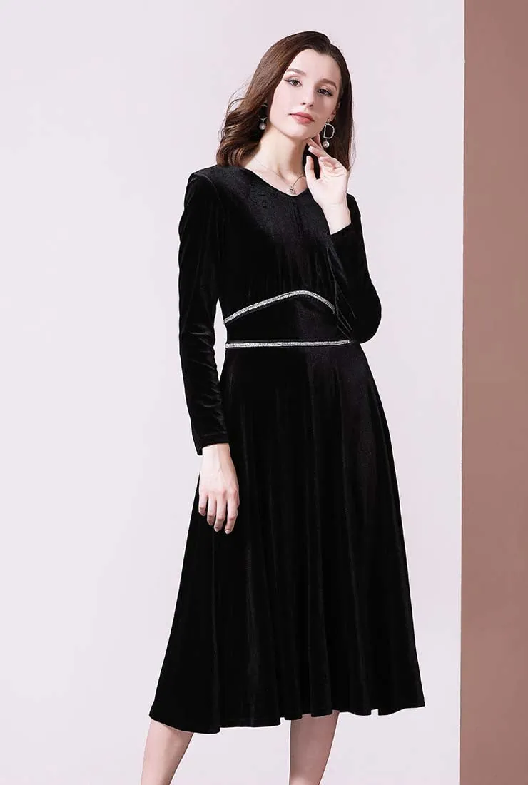 V-neck High Waist A-line Velvet Midi Dress