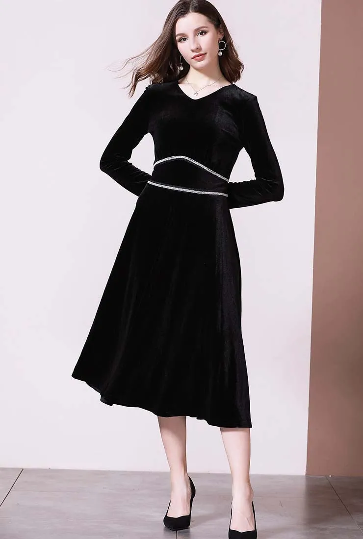 V-neck High Waist A-line Velvet Midi Dress