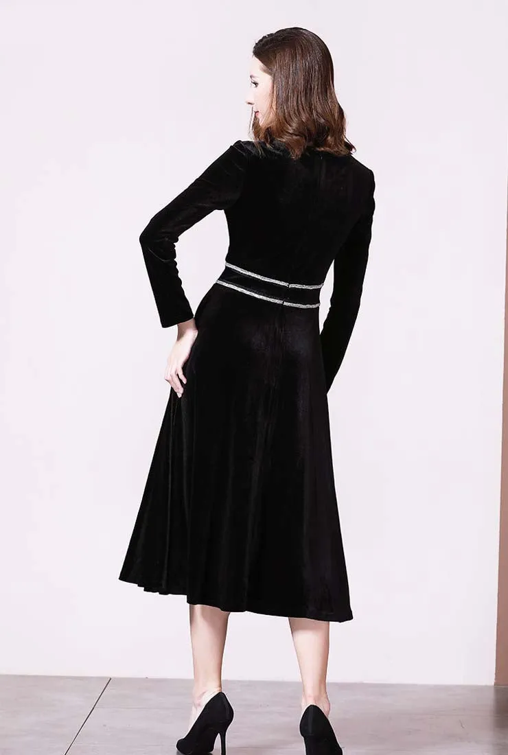 V-neck High Waist A-line Velvet Midi Dress
