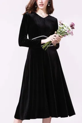 V-neck High Waist A-line Velvet Midi Dress