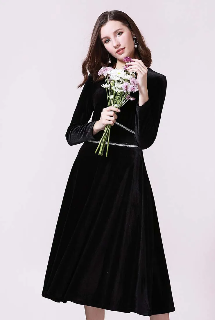 V-neck High Waist A-line Velvet Midi Dress