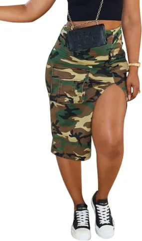 Vakkest Women's Camo Cargo Midi Skirt Elegant High Waist Vintage Dress Slit Front Ruffle Long Bodycon Maxi Skirts