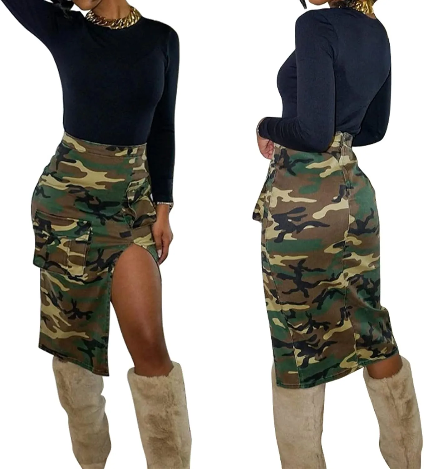 Vakkest Women's Camo Cargo Midi Skirt Elegant High Waist Vintage Dress Slit Front Ruffle Long Bodycon Maxi Skirts