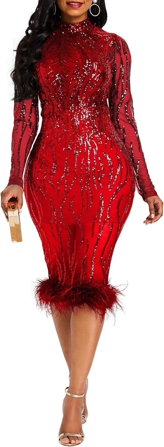 VERWIN Sequins Patchwork Bodycon Dress Women's Long Sleeve Dress Elegant Dress Plume Maxi Dress Party Dress