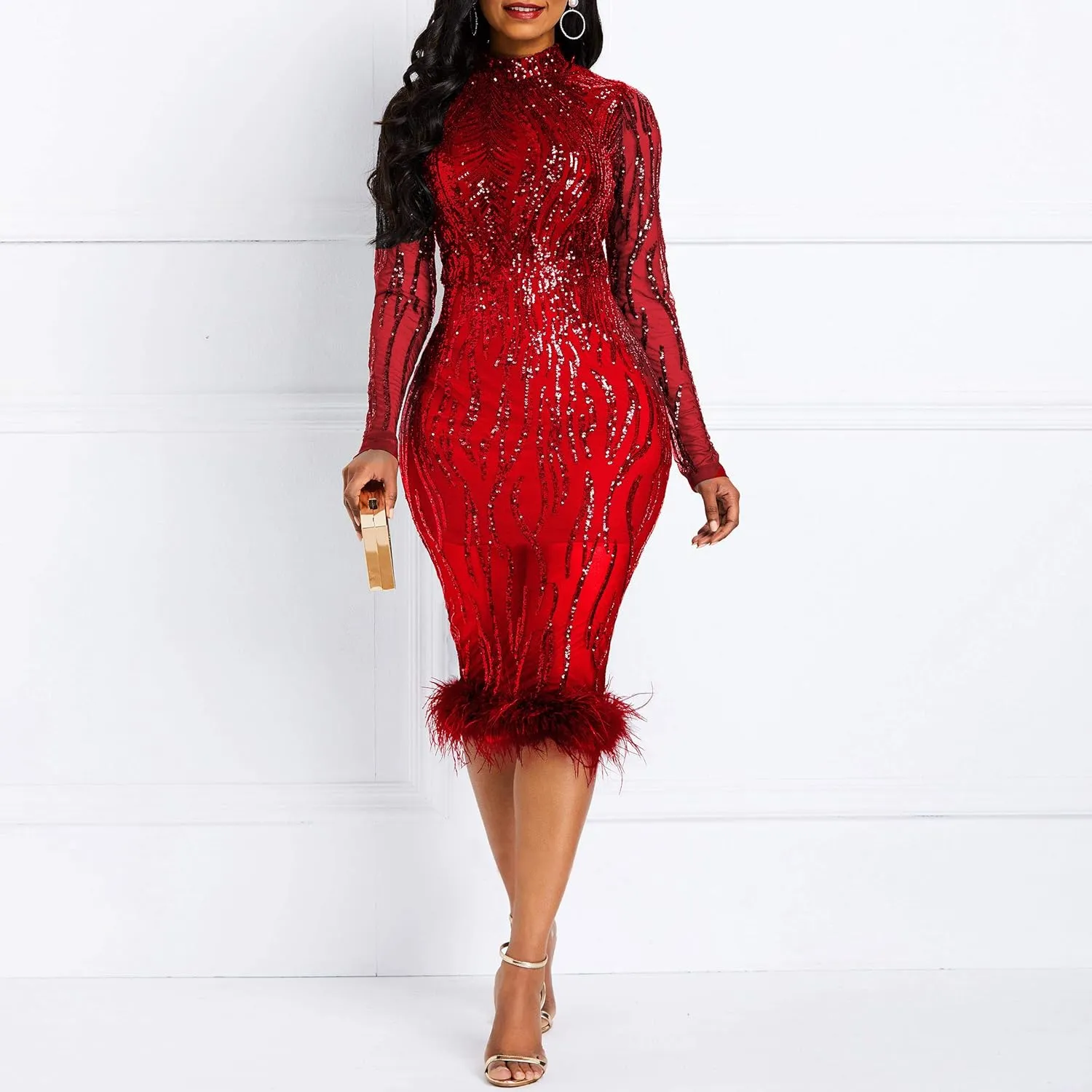 VERWIN Sequins Patchwork Bodycon Dress Women's Long Sleeve Dress Elegant Dress Plume Maxi Dress Party Dress