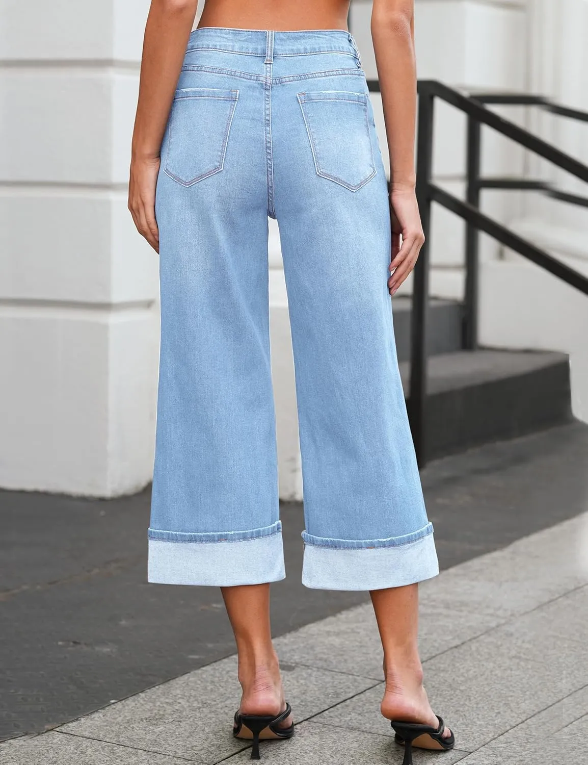 Vetinee Capris Jeans for Women Wide Leg High Waisted Trendy Fold Hem Summer Casual Stretchy Denim Jean Capri Pants