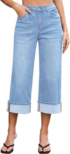 Vetinee Capris Jeans for Women Wide Leg High Waisted Trendy Fold Hem Summer Casual Stretchy Denim Jean Capri Pants