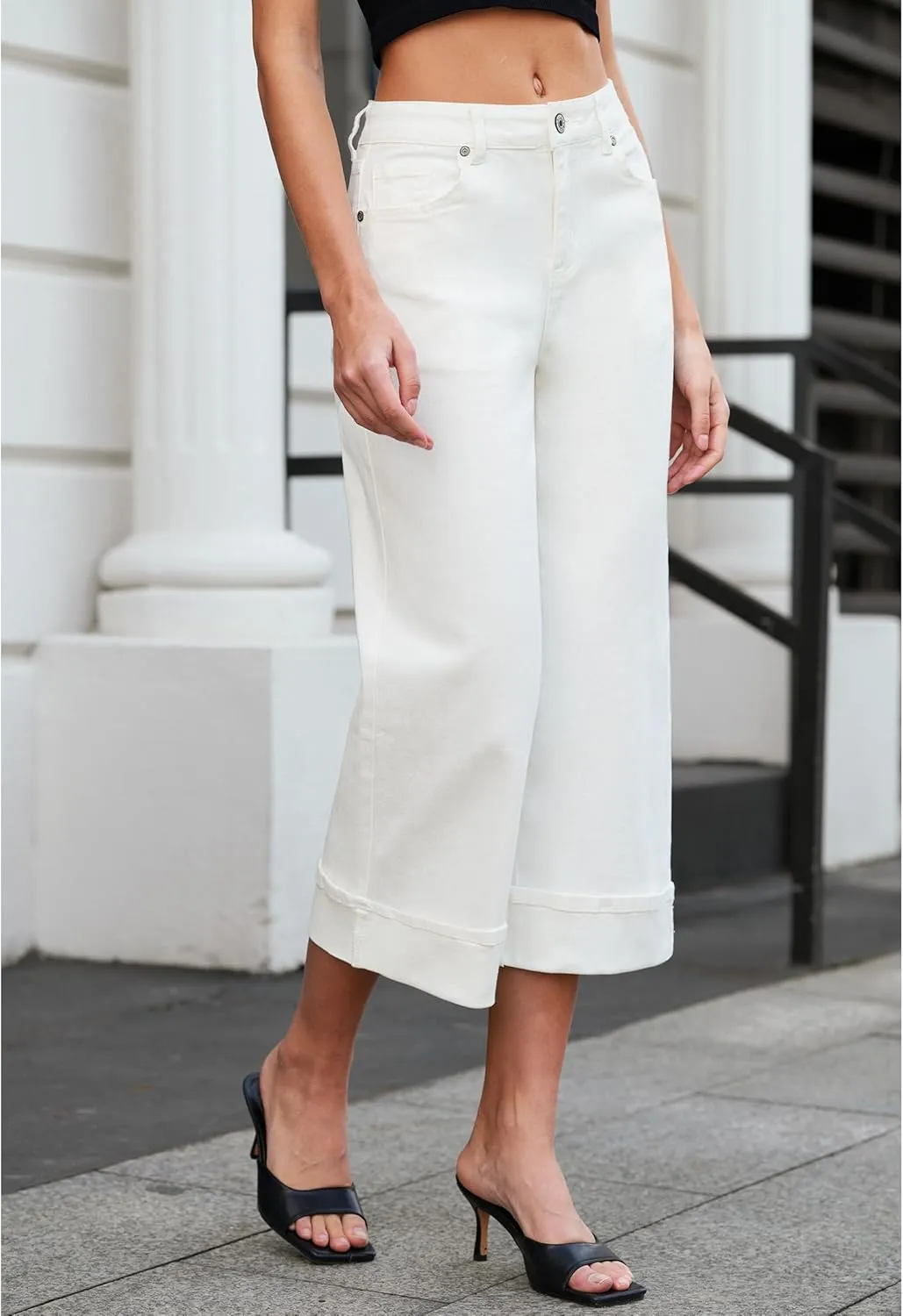 Vetinee Capris Jeans for Women Wide Leg High Waisted Trendy Fold Hem Summer Casual Stretchy Denim Jean Capri Pants