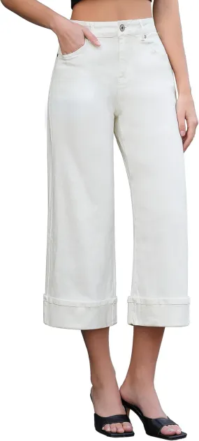 Vetinee Capris Jeans for Women Wide Leg High Waisted Trendy Fold Hem Summer Casual Stretchy Denim Jean Capri Pants