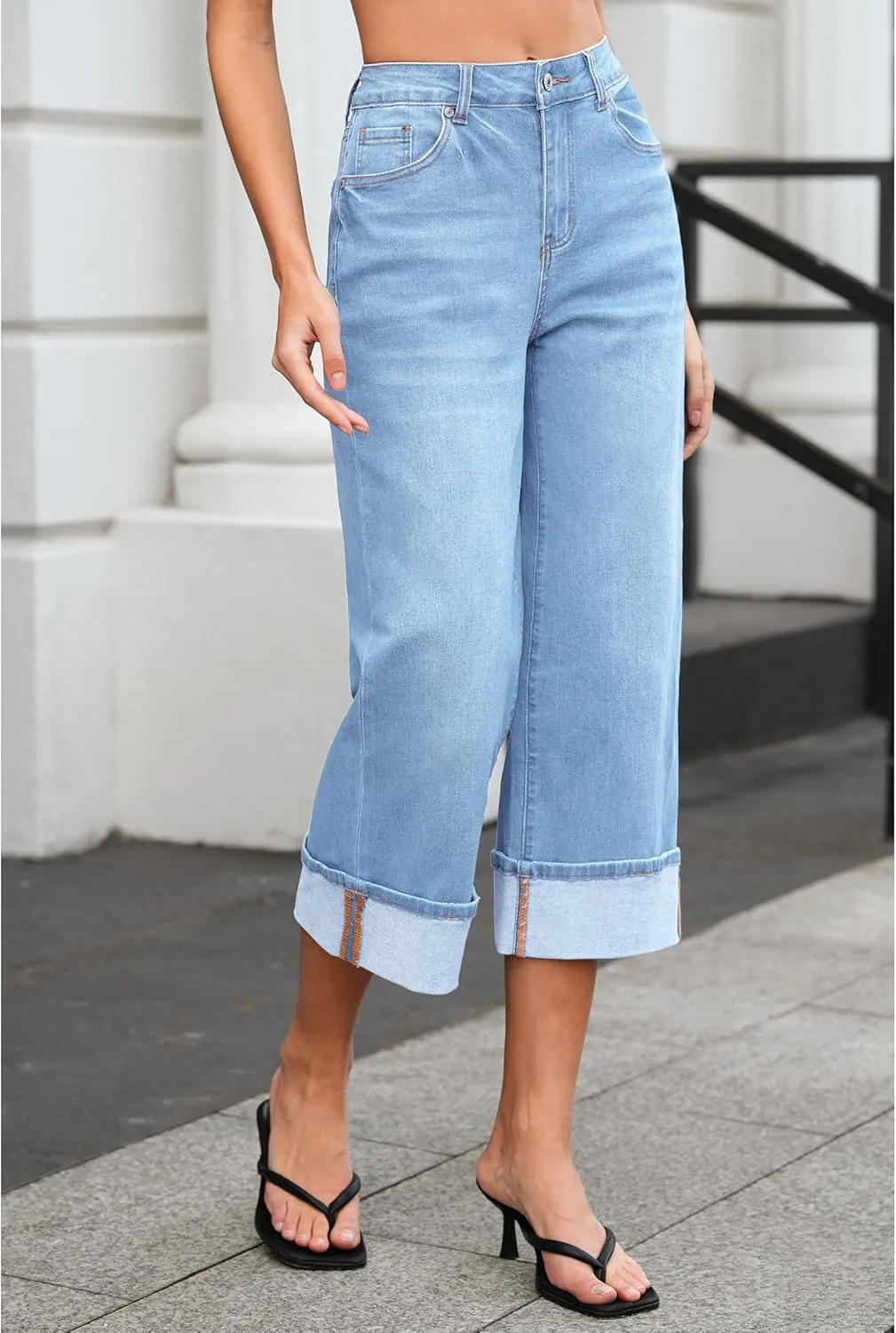 Vetinee Capris Jeans for Women Wide Leg High Waisted Trendy Fold Hem Summer Casual Stretchy Denim Jean Capri Pants