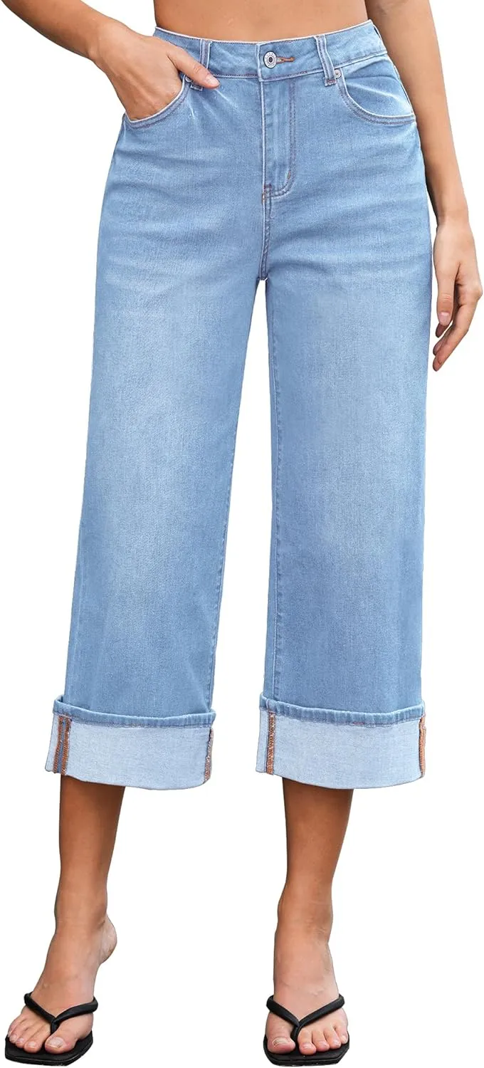 Vetinee Capris Jeans for Women Wide Leg High Waisted Trendy Fold Hem Summer Casual Stretchy Denim Jean Capri Pants