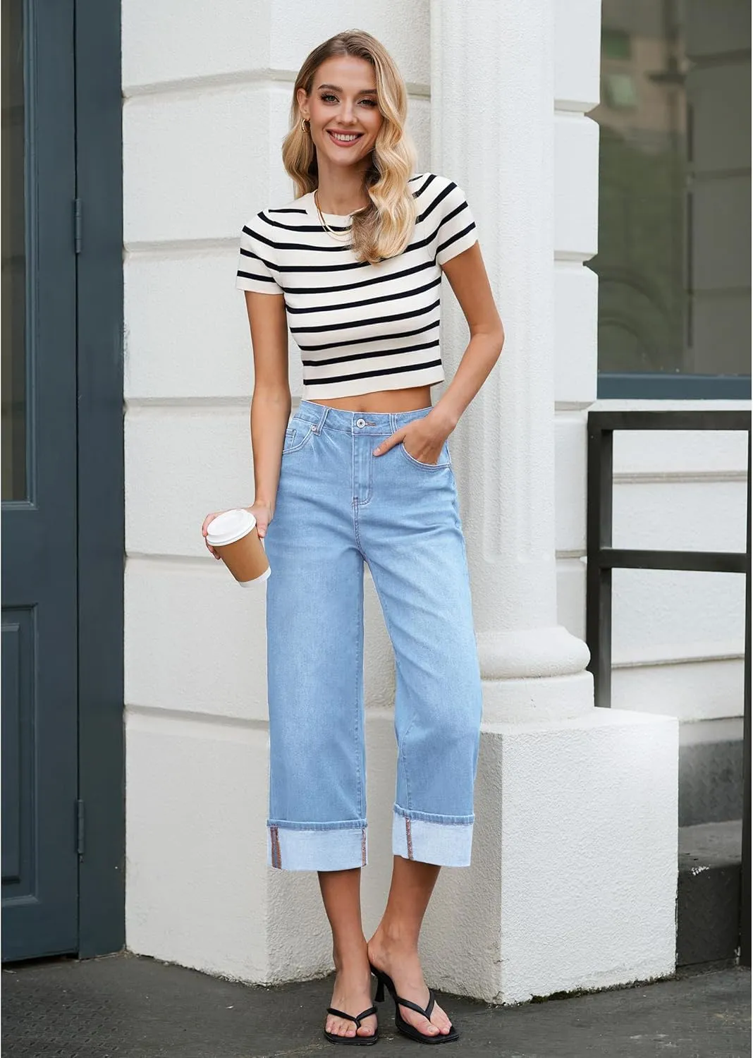 Vetinee Capris Jeans for Women Wide Leg High Waisted Trendy Fold Hem Summer Casual Stretchy Denim Jean Capri Pants