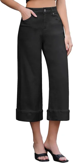 Vetinee Capris Jeans for Women Wide Leg High Waisted Trendy Fold Hem Summer Casual Stretchy Denim Jean Capri Pants