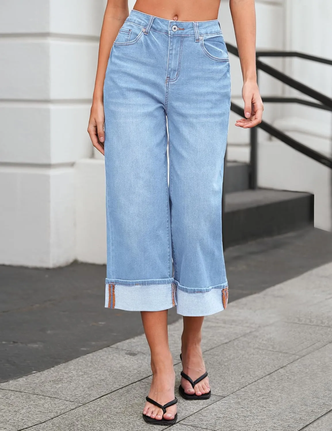 Vetinee Capris Jeans for Women Wide Leg High Waisted Trendy Fold Hem Summer Casual Stretchy Denim Jean Capri Pants