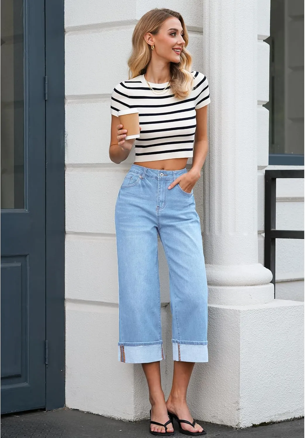 Vetinee Capris Jeans for Women Wide Leg High Waisted Trendy Fold Hem Summer Casual Stretchy Denim Jean Capri Pants