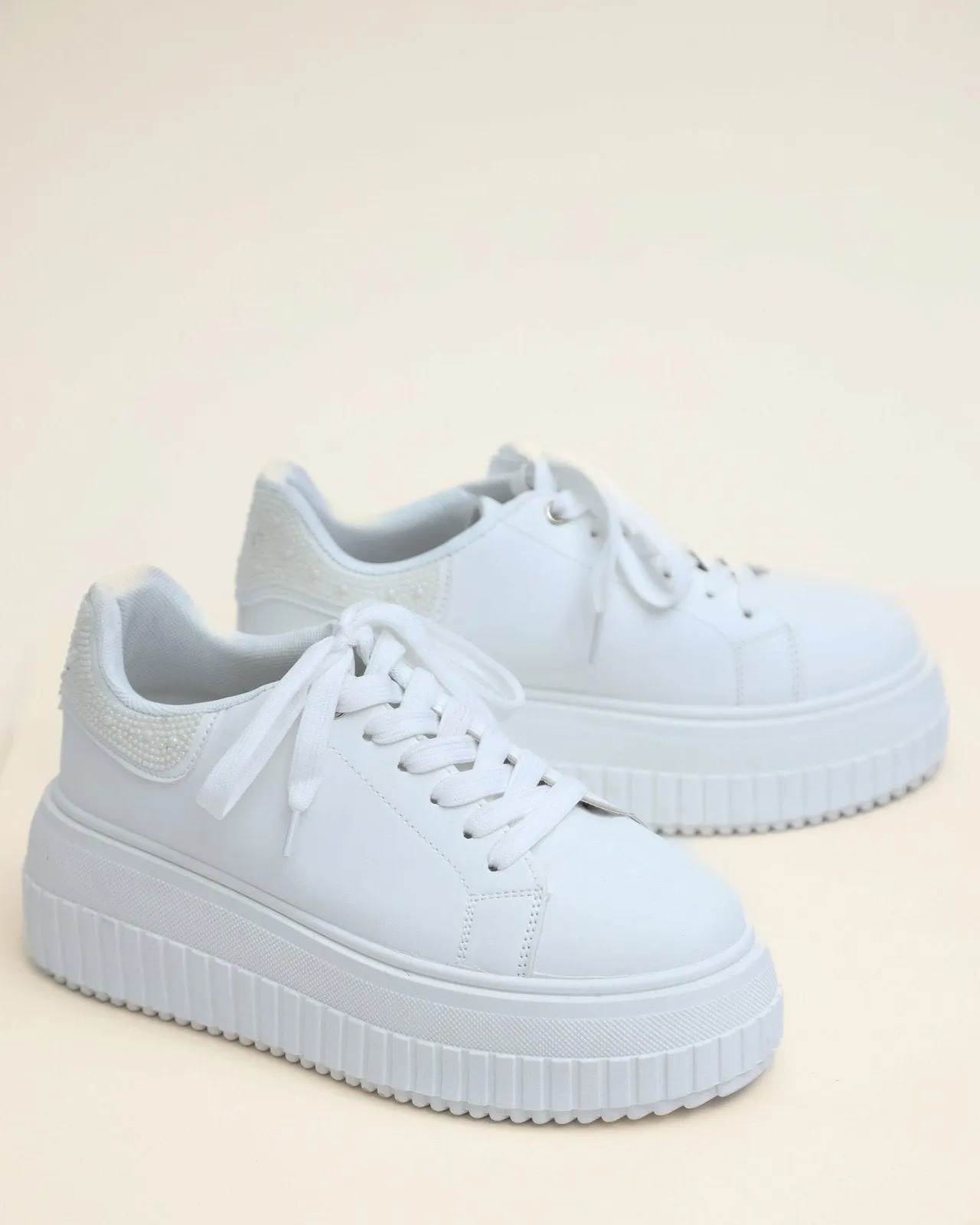 White Pearl Embellished Platform Sneakers