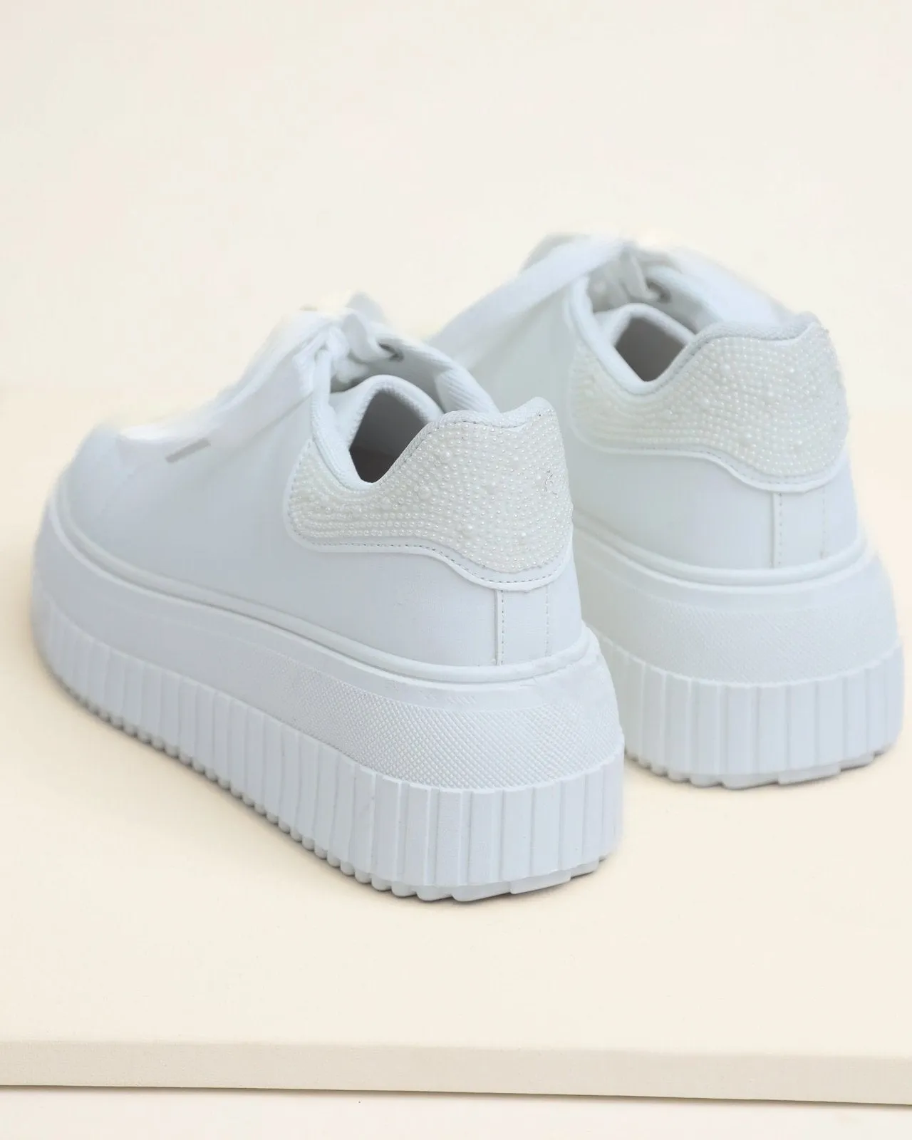 White Pearl Embellished Platform Sneakers