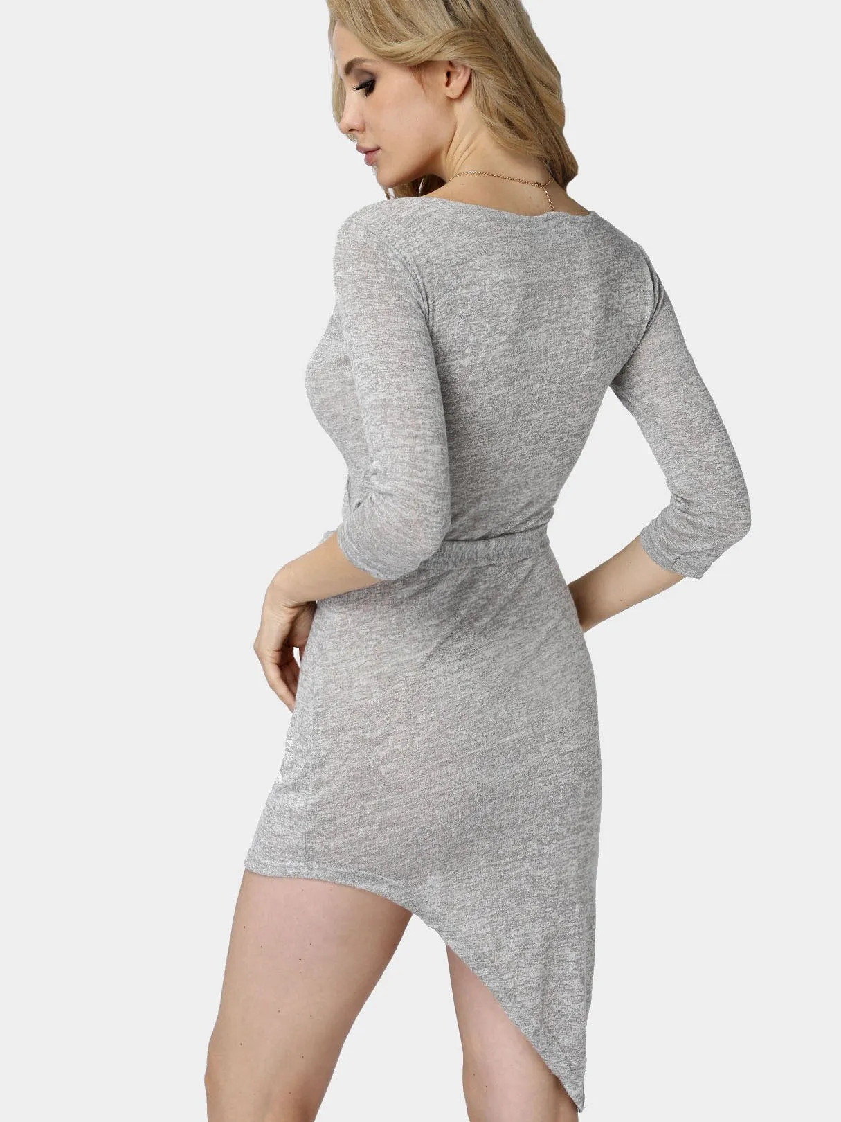 Wholesale Grey V-Neck Long Sleeve Irregular Hem Midi Dress