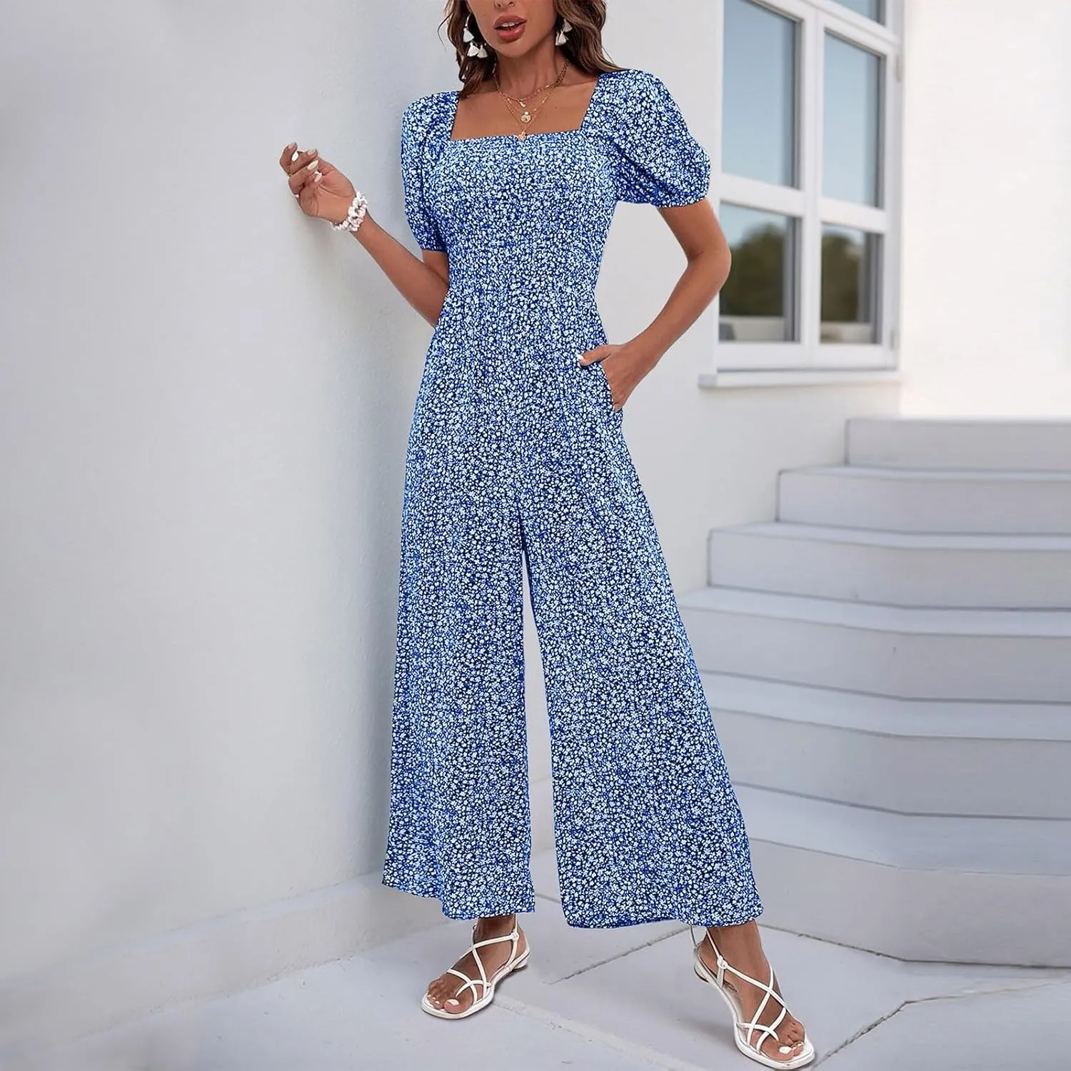 Wide Leg Jumpsuits For Women Casual Square Neck Puff Sleeve Smocked Boho Overalls Loose Fit Long Summer Rompers One Piece