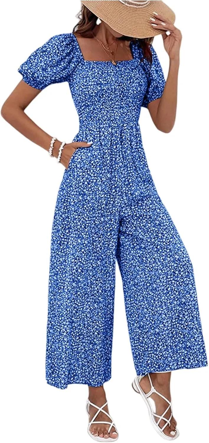 Wide Leg Jumpsuits For Women Casual Square Neck Puff Sleeve Smocked Boho Overalls Loose Fit Long Summer Rompers One Piece