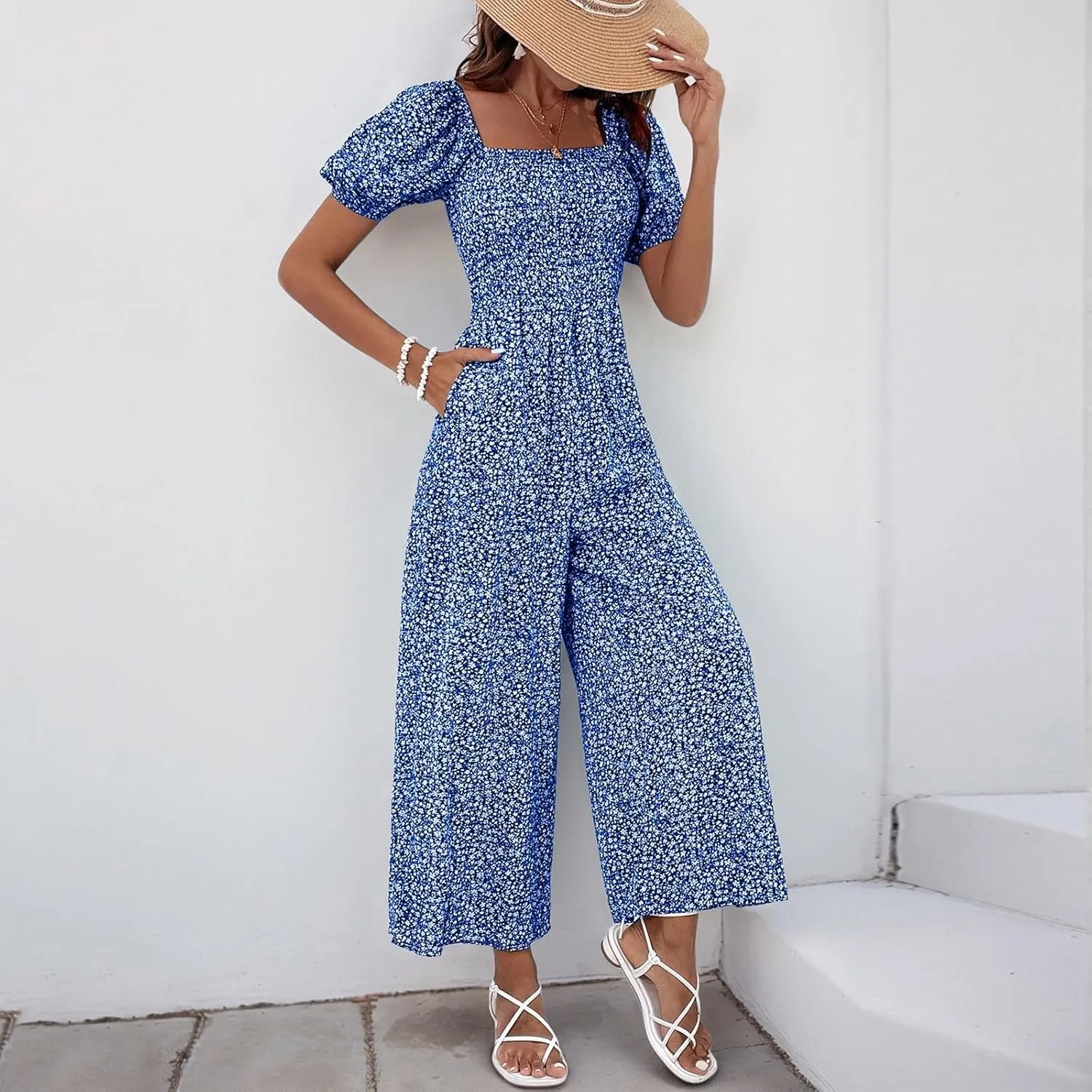 Wide Leg Jumpsuits For Women Casual Square Neck Puff Sleeve Smocked Boho Overalls Loose Fit Long Summer Rompers One Piece
