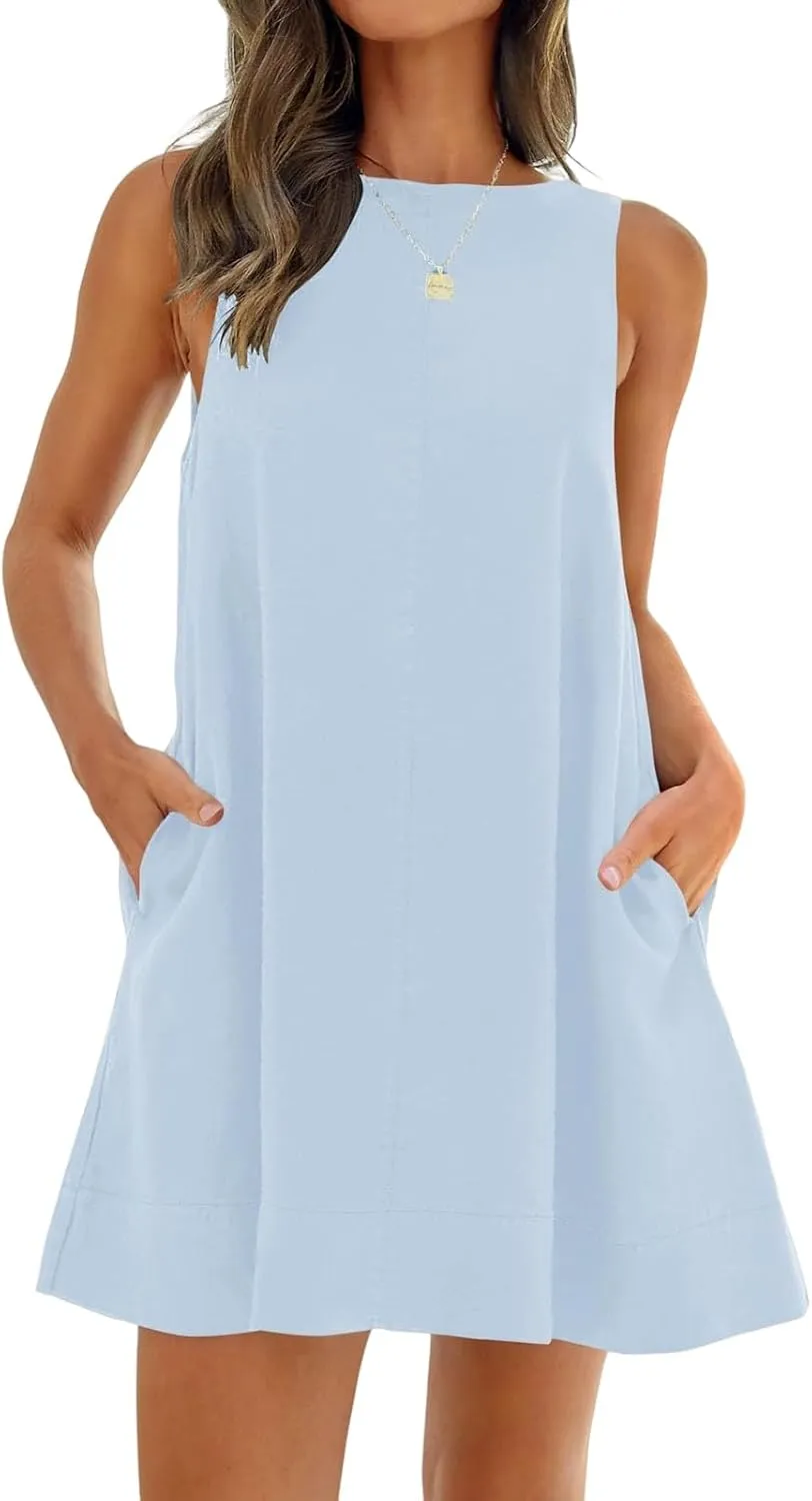 Women 2025 Summer Sleeveless Tank Dresses Crew Neck Tank Short Mini Dress Casual Backless Cotton Linen Beach Dresses
