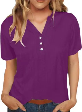 Women Cotton Linen T-Shirt Henley Shirts Casual V Neck Short Sleeve Summer Loose Tops Lightweight Breathable Tees