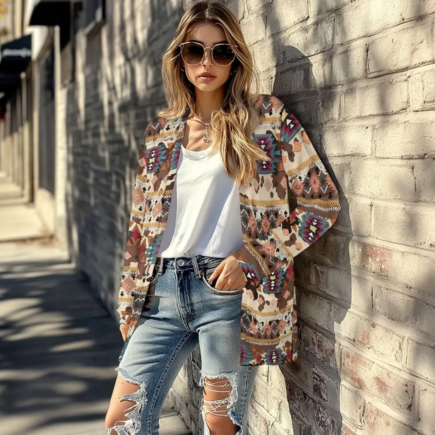 Women Open Front Ethnic Style Aztec Cardigan Tribal Aztec Printed Long Sleeve Casual Loose Coat