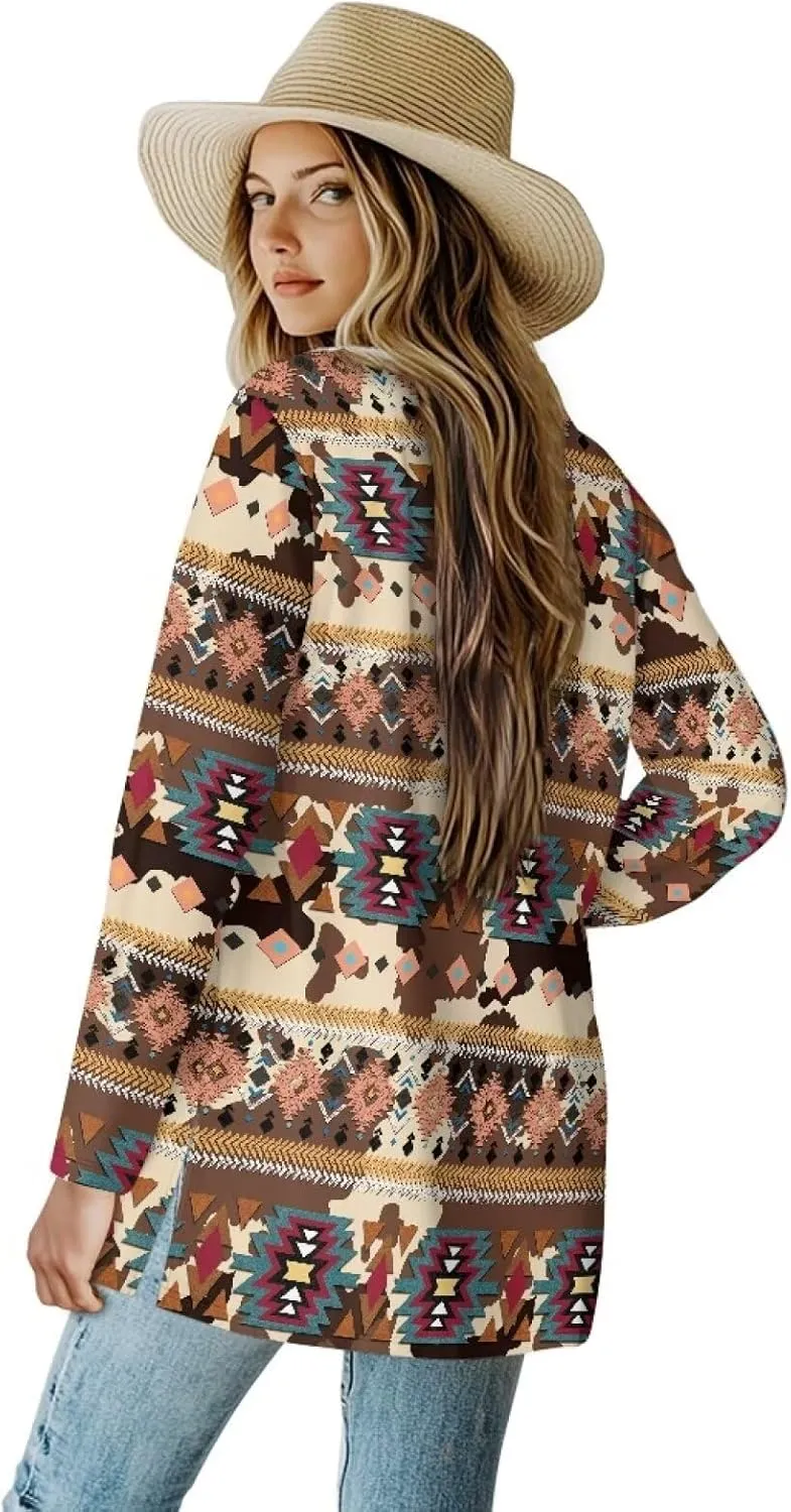 Women Open Front Ethnic Style Aztec Cardigan Tribal Aztec Printed Long Sleeve Casual Loose Coat