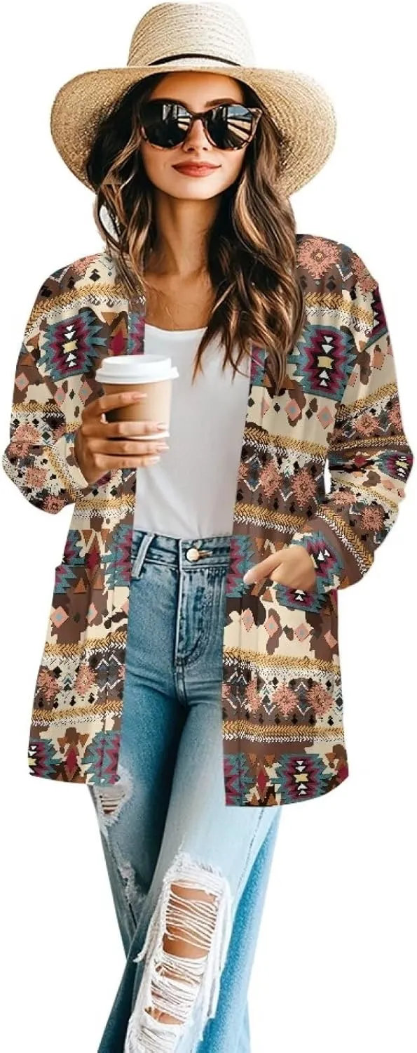 Women Open Front Ethnic Style Aztec Cardigan Tribal Aztec Printed Long Sleeve Casual Loose Coat