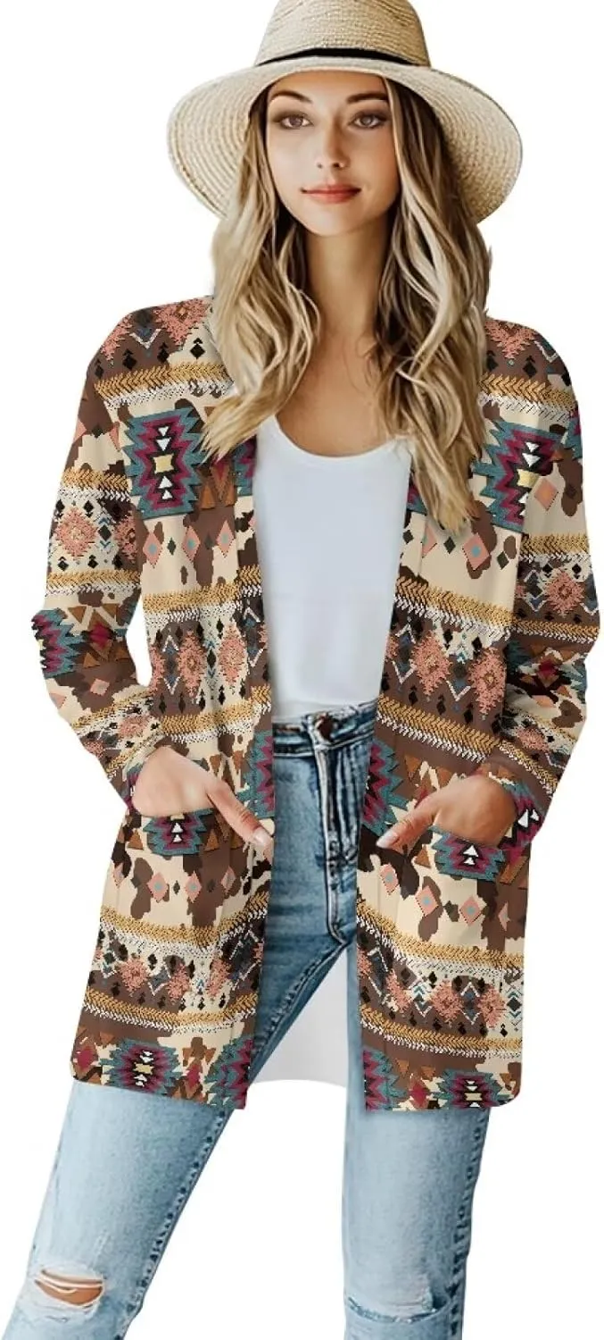 Women Open Front Ethnic Style Aztec Cardigan Tribal Aztec Printed Long Sleeve Casual Loose Coat