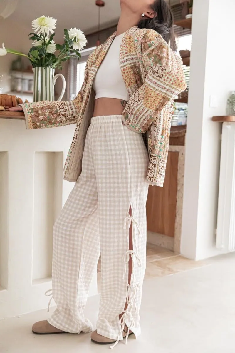 Women 's Gingham Pants Elastic Waist Baggy Lounge Pants Side Beautiful Tie Hollow Out Pants Pj Bottoms