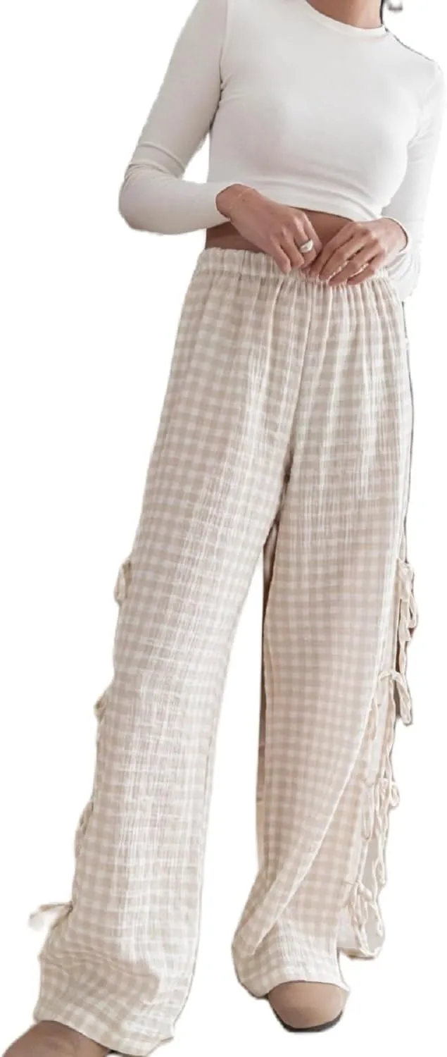 Women 's Gingham Pants Elastic Waist Baggy Lounge Pants Side Beautiful Tie Hollow Out Pants Pj Bottoms