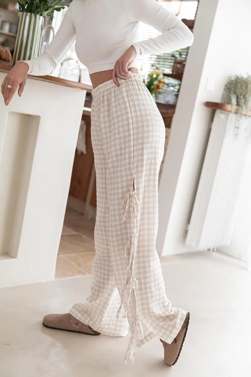 Women 's Gingham Pants Elastic Waist Baggy Lounge Pants Side Beautiful Tie Hollow Out Pants Pj Bottoms