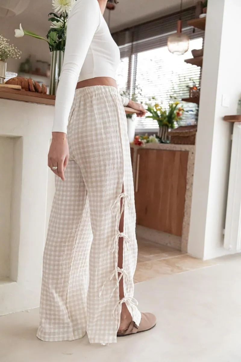 Women 's Gingham Pants Elastic Waist Baggy Lounge Pants Side Beautiful Tie Hollow Out Pants Pj Bottoms
