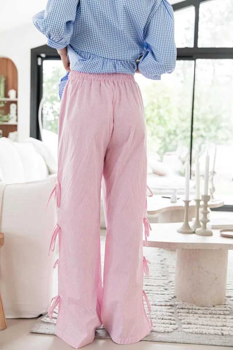 Women 's Gingham Pants Elastic Waist Baggy Lounge Pants Side Beautiful Tie Hollow Out Pants Pj Bottoms