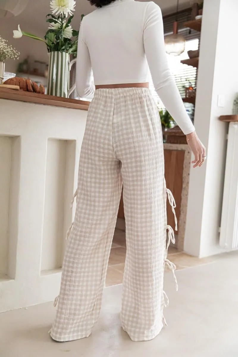 Women 's Gingham Pants Elastic Waist Baggy Lounge Pants Side Beautiful Tie Hollow Out Pants Pj Bottoms