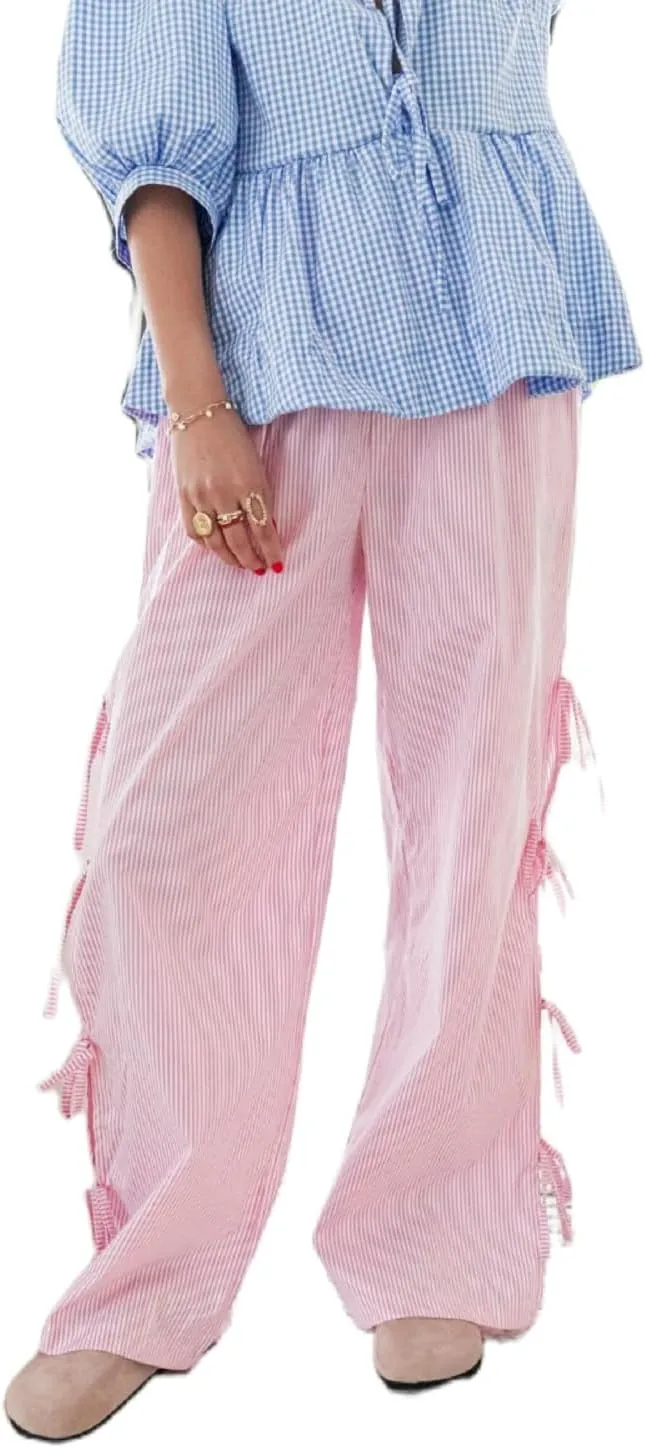 Women 's Gingham Pants Elastic Waist Baggy Lounge Pants Side Beautiful Tie Hollow Out Pants Pj Bottoms