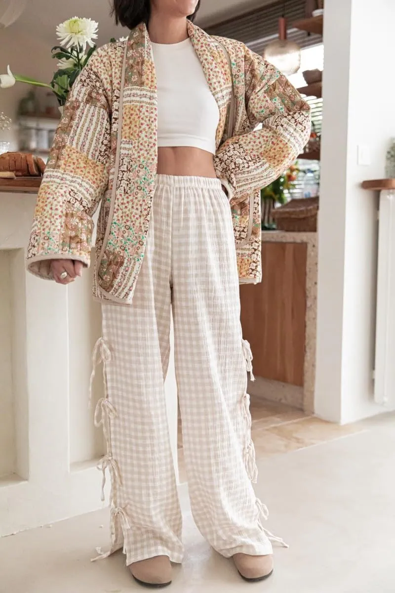 Women 's Gingham Pants Elastic Waist Baggy Lounge Pants Side Beautiful Tie Hollow Out Pants Pj Bottoms