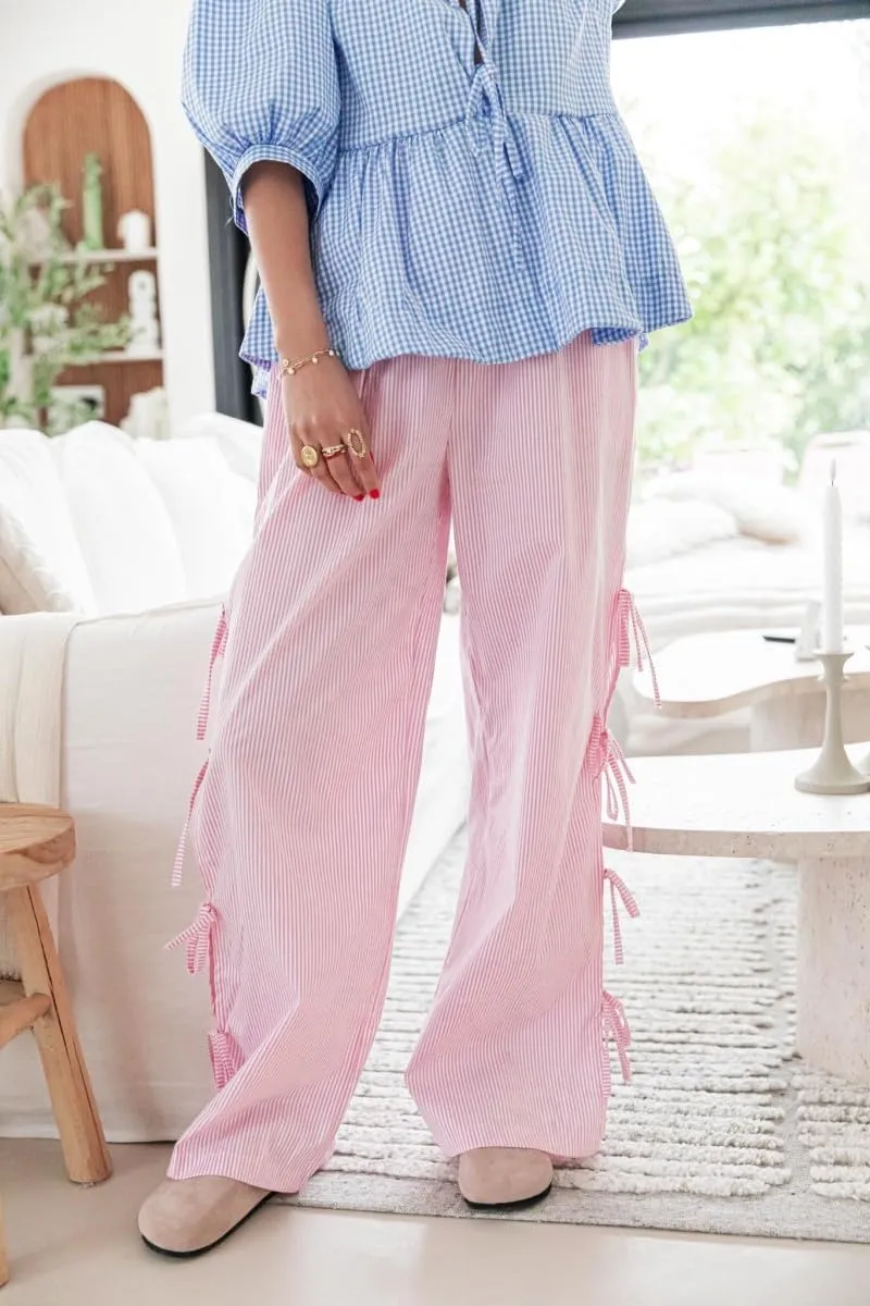 Women 's Gingham Pants Elastic Waist Baggy Lounge Pants Side Beautiful Tie Hollow Out Pants Pj Bottoms