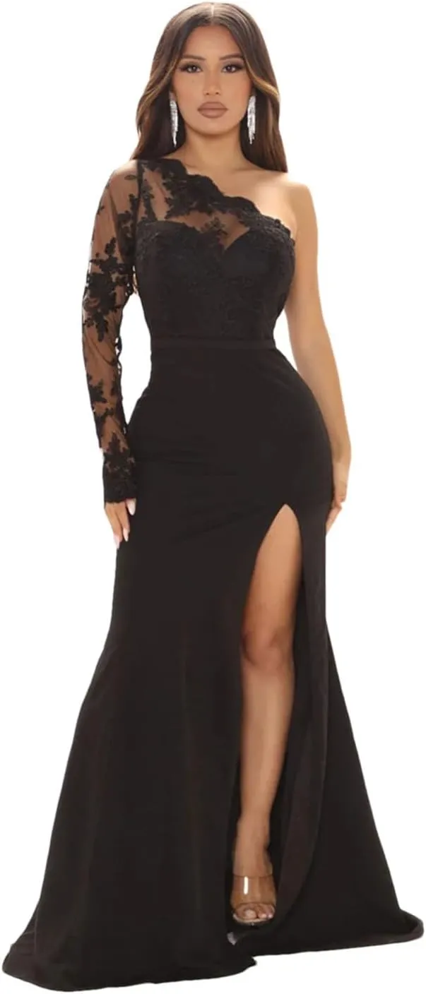 Women Sexy Elegant One Asymmetrical Shoulder Long Lace Dress