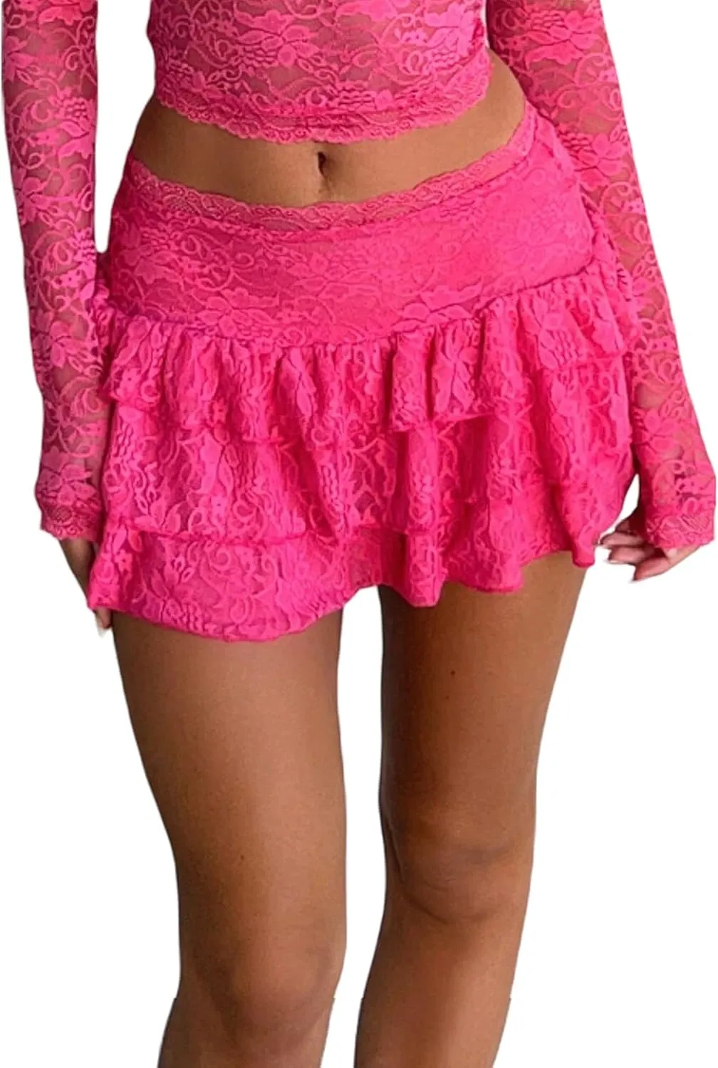 Women Sexy Lace Pleated Mini Skirt Cute Lace Y2K Layered Ruffle Flowy Casual Mini Short Skirts