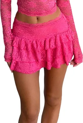 Women Sexy Lace Pleated Mini Skirt Cute Lace Y2K Layered Ruffle Flowy Casual Mini Short Skirts