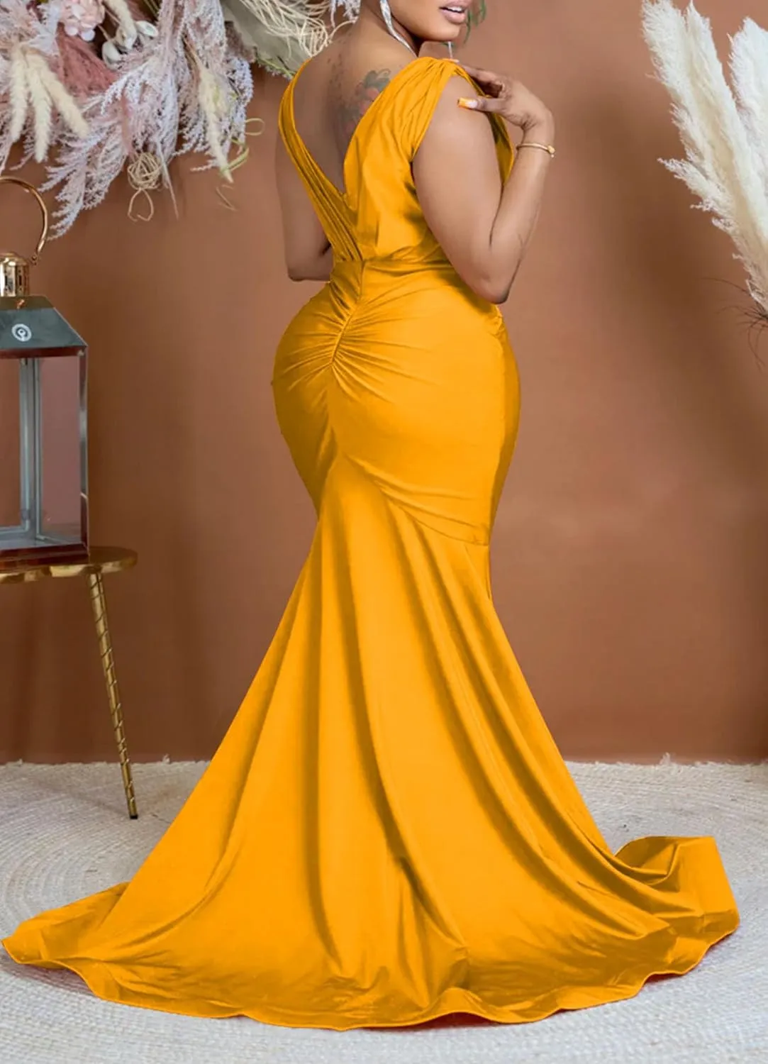 Women Sexy V Neck Wedding Guest Maxi Dress Sleeveless Flowy Ruffle Hem Bodycon Formal Evening Party Cocktail Gowns