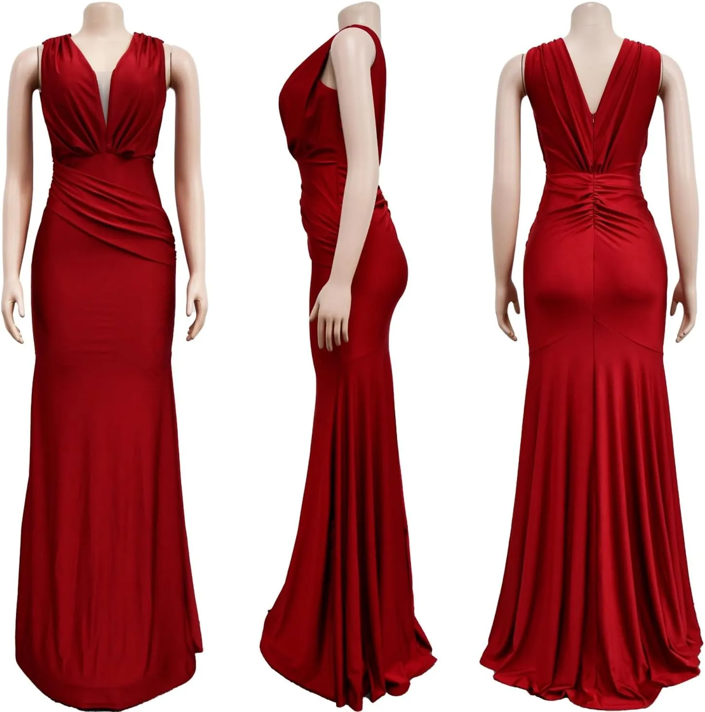 Women Sexy V Neck Wedding Guest Maxi Dress Sleeveless Flowy Ruffle Hem Bodycon Formal Evening Party Cocktail Gowns