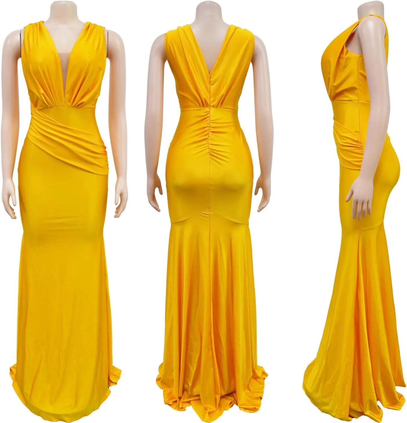 Women Sexy V Neck Wedding Guest Maxi Dress Sleeveless Flowy Ruffle Hem Bodycon Formal Evening Party Cocktail Gowns